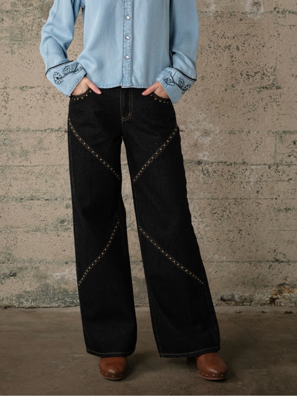 Western Women's Black Wide-Leg Jeans with Stud Detail